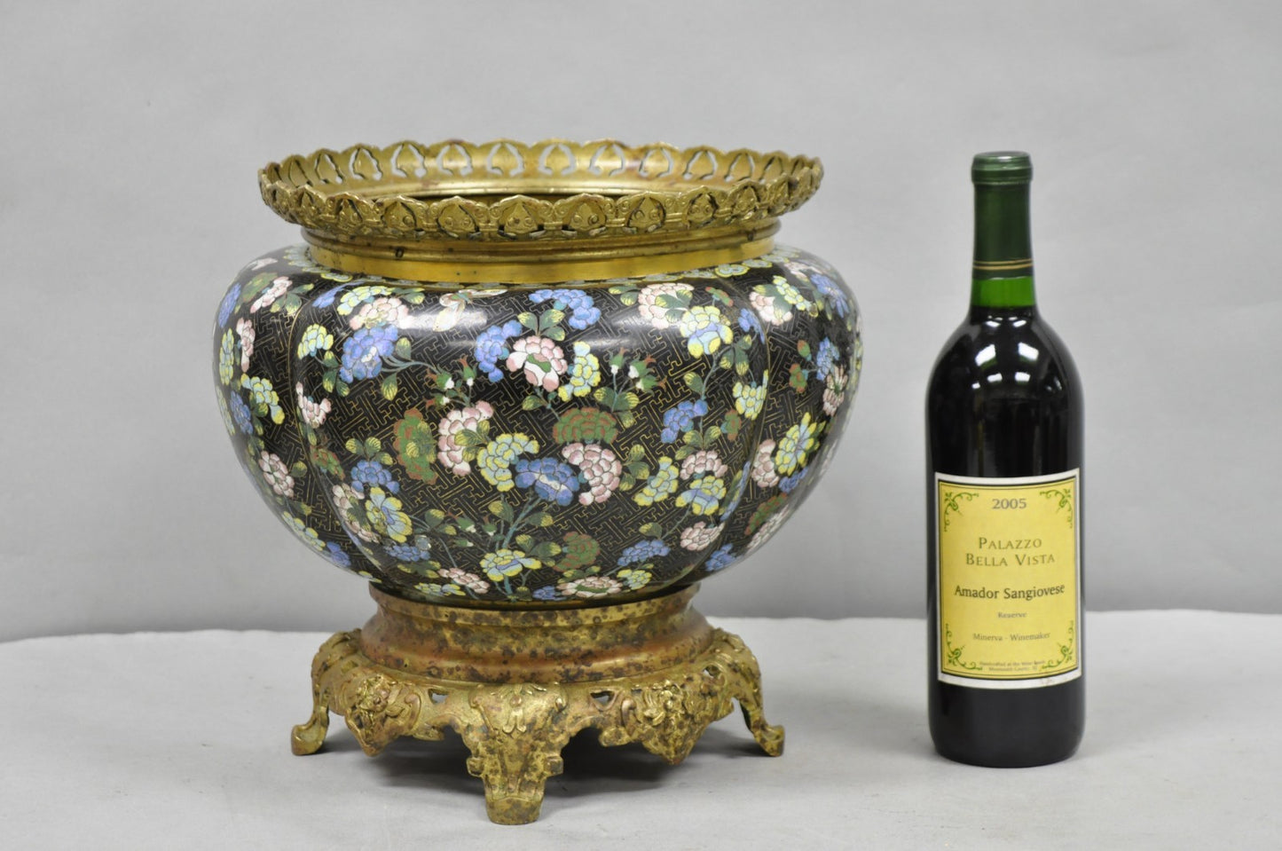 Antique Chinese Black Cloisonne Enamel Butterfly & Flower Bronze Cachepot Vase