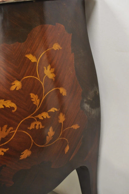 French Louis XV Style Marble Top Marquetry Inlay & Bronze Bombe Commode Dresser