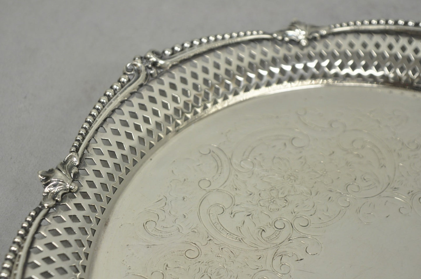 Vintage Barker Ellis English Edwardian Silver Plated Pierced Round Platter Tray