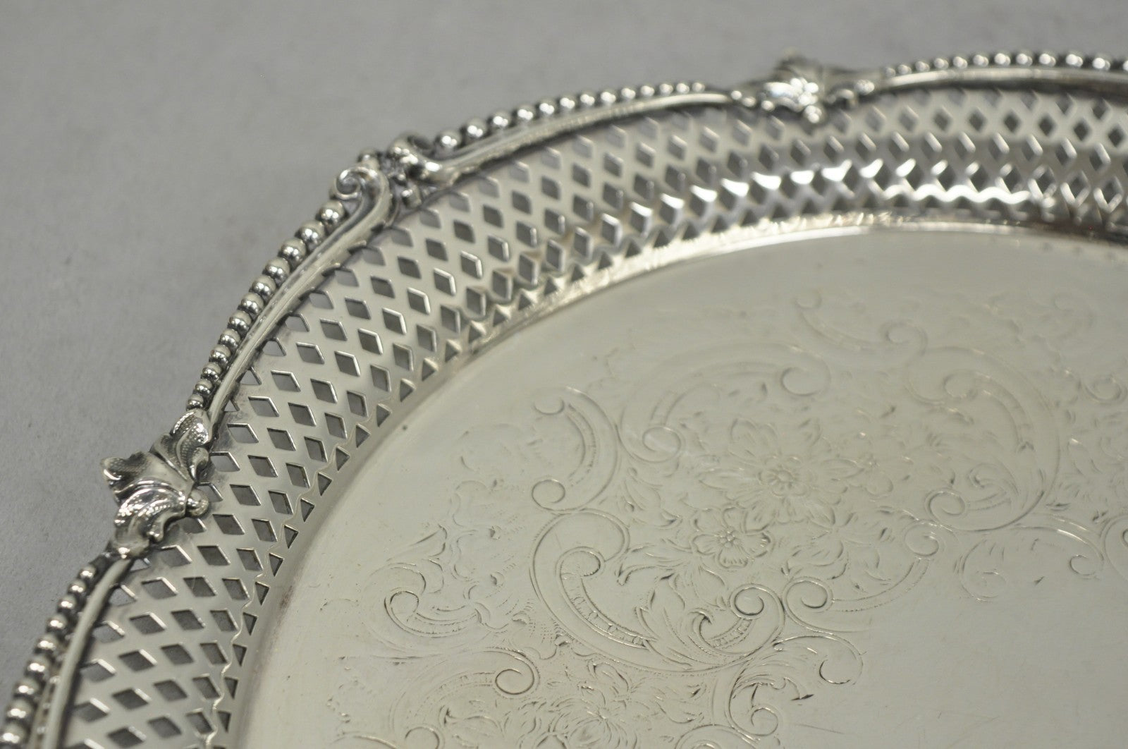 Vintage Barker Ellis English Edwardian Silver Plated Pierced Round Platter Tray