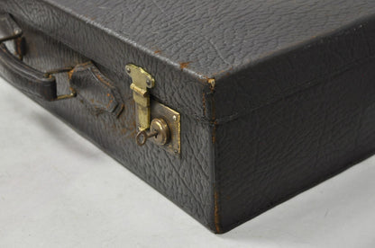 Vintage German Art Deco Dark Brown Black Buffalo Leather Travel Suitcase Luggage