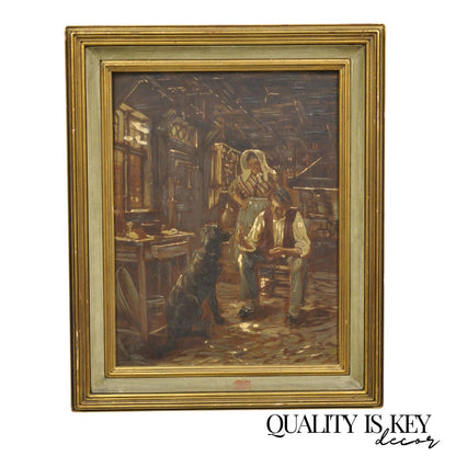 Vintage German Country Gentlemen Woman and Dog Italian Framed Painting
