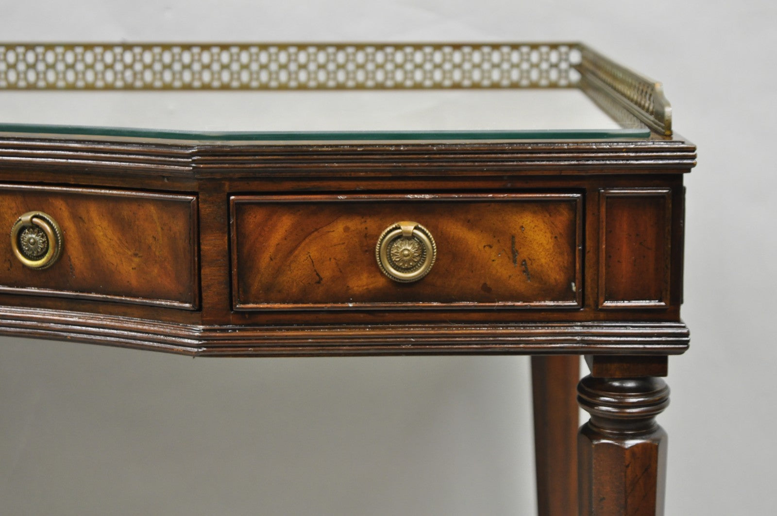 Maitland Smith Mahogany Regency Style 3 Drawer Writing Desk w/ Brass Gallery