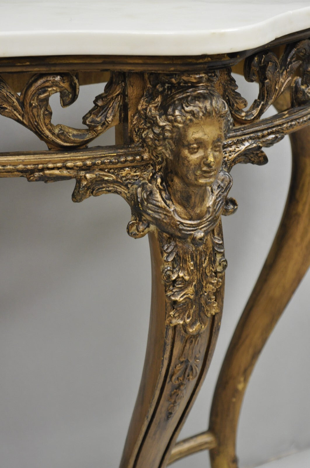 Vintage French Rococo Baroque Gold Gilt Gesso Marble Top Figural Console Table