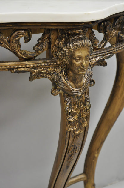 Vintage French Rococo Baroque Gold Gilt Gesso Marble Top Figural Console Table