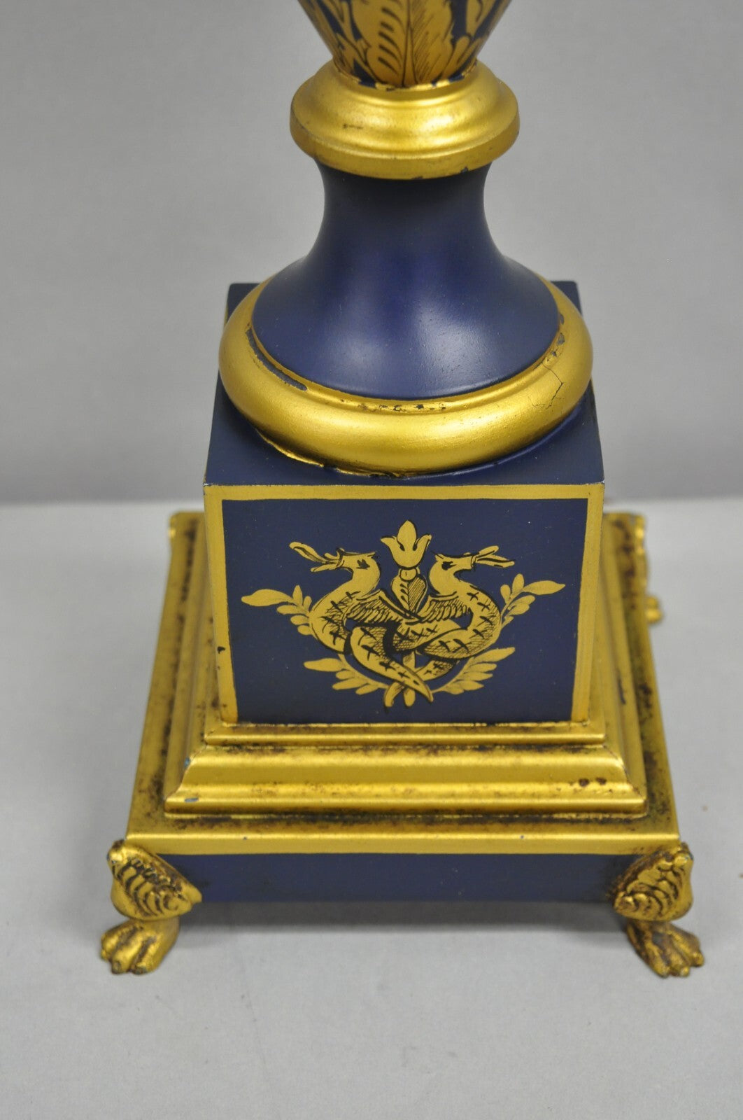 Vintage French Empire Blue Tole Metal Gold Swan Painted Urn Form Table Lamp