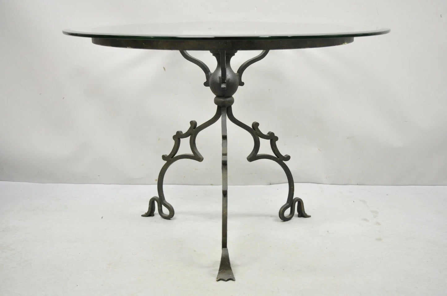 Vintage Gothic Style Wrought Iron Scrolling Base Round Glass Top Center Table
