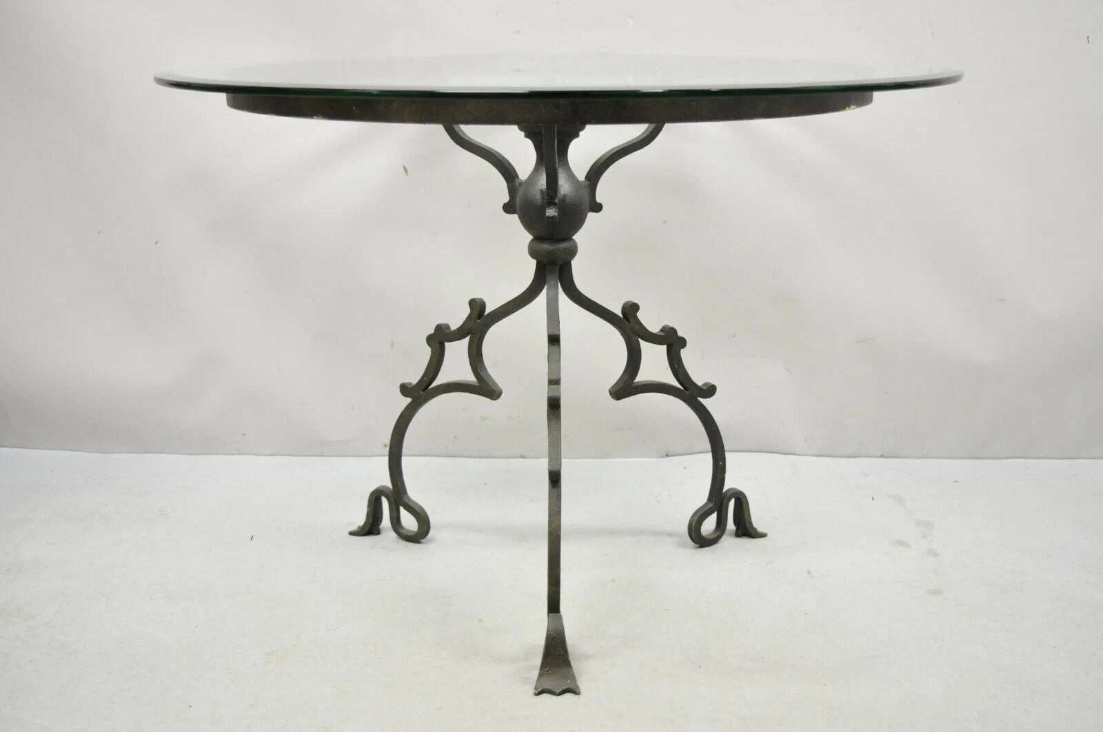 Vintage Gothic Style Wrought Iron Scrolling Base Round Glass Top Center Table