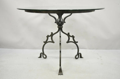 Vintage Gothic Style Wrought Iron Scrolling Base Round Glass Top Center Table