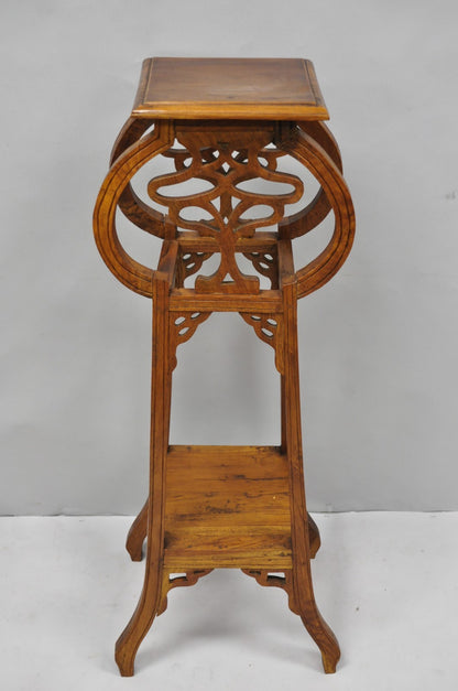 Vintage French Art Nouveau Style Carved Teak Pedestal Plant Stand Side Table