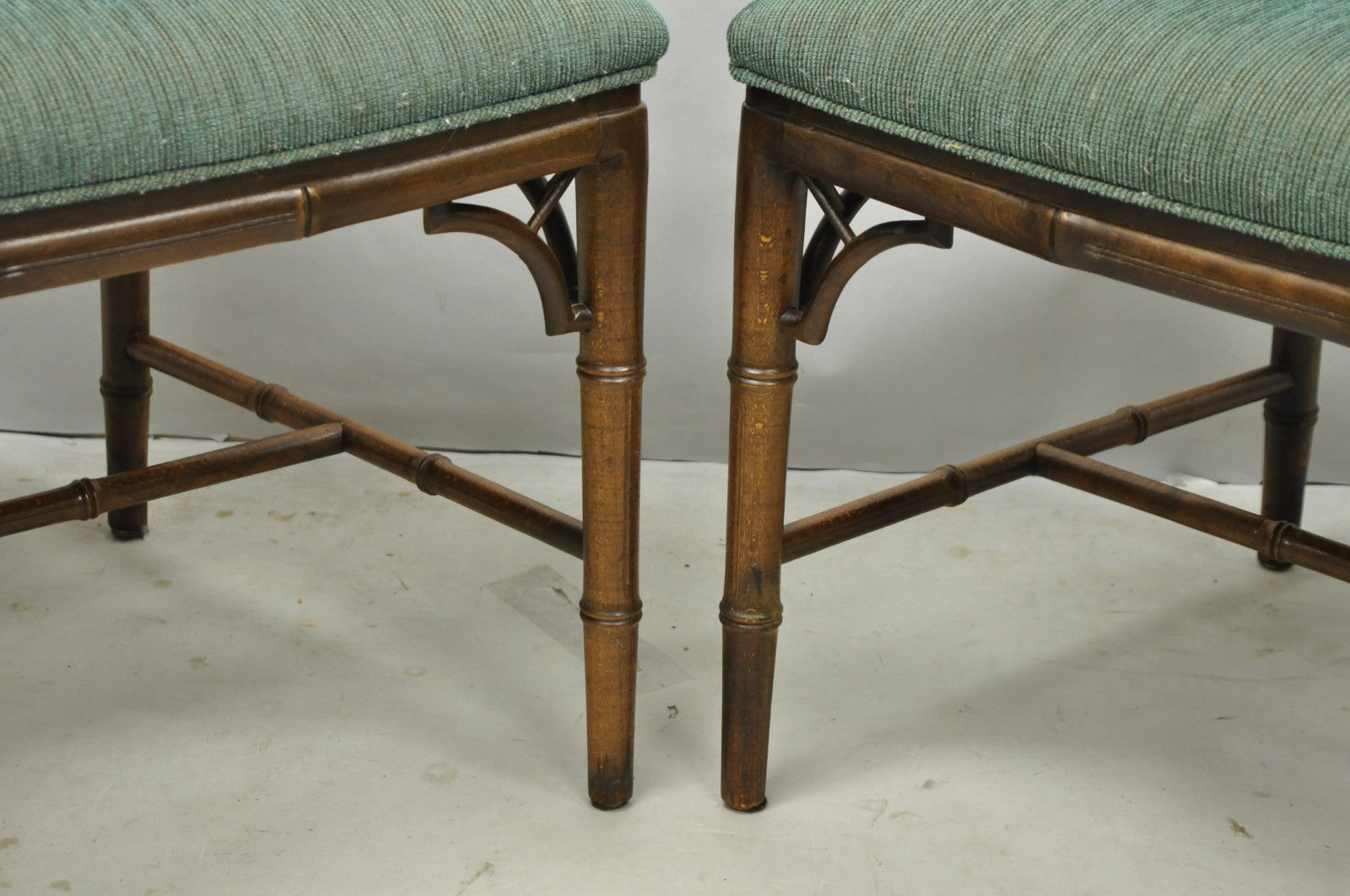 Vintage Chinese Chippendale Faux Bamboo Wood Fretwork Dining Arm Chairs - a Pair