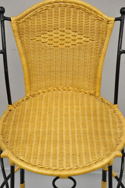 French Country Wrought Iron Woven Vinyl Rattan Bar Stools With Arms - Set of 4