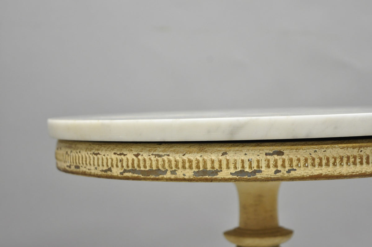 Vintage Hollywood Regency Small Metal Pedestal Marble Top Drinks Side Table Pair