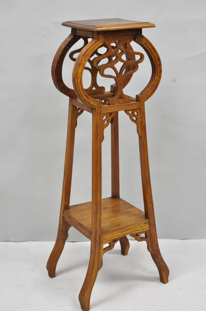 Vintage French Art Nouveau Style Carved Teak Pedestal Plant Stand Side Table