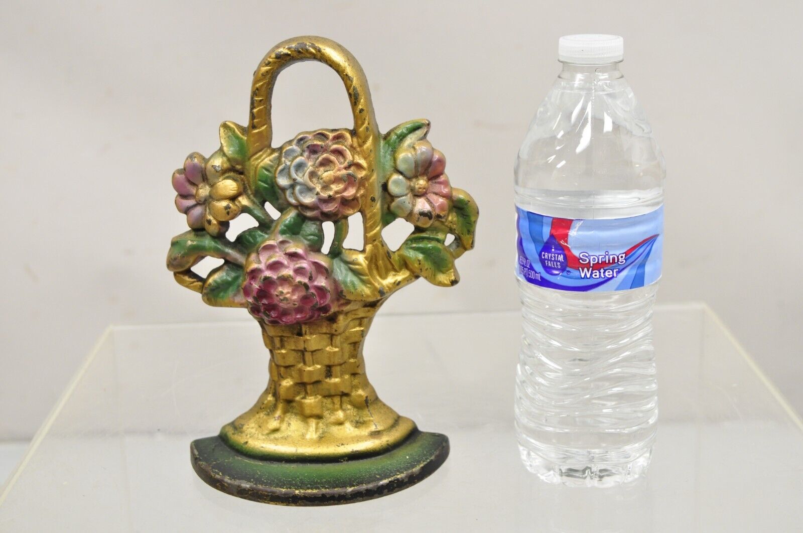 Antique Victorian Cast Iron Figural Floral Bouquet Gold Basket Painted Door Stop