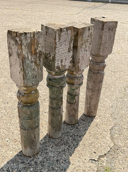 Antique French Farmhouse Turn Carved Wooden Baluster Spindle Table Legs Set of 4