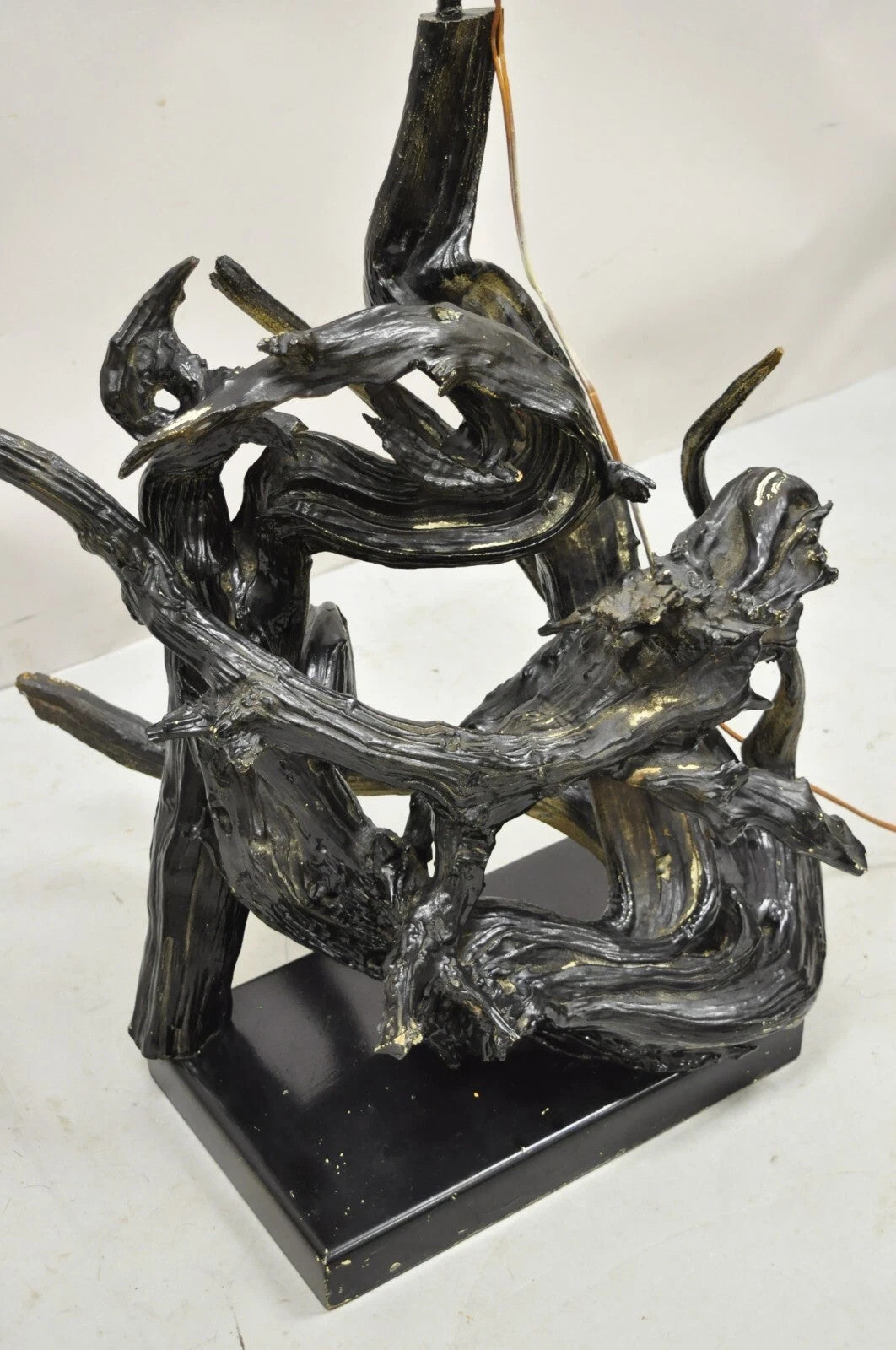 Vintage Mid Century Modern Large Driftwood Wooden Black Sculptural Table Lamp