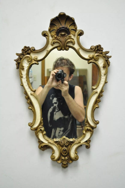 Vintage Italian Rococo Style Gold Giltwood White Shell Carved Wall Mirror