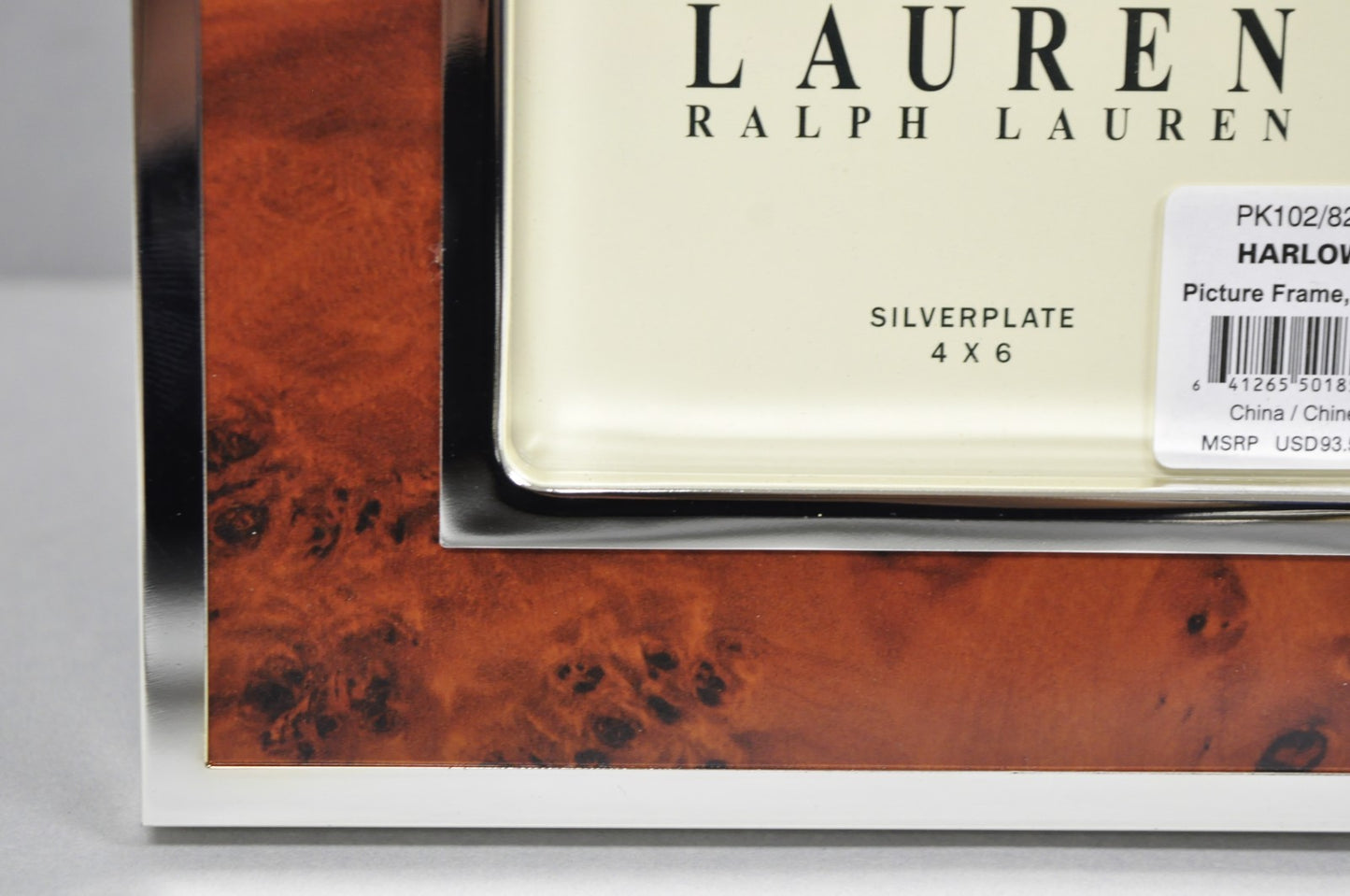 Lauren Ralph Lauren Harlow Burl Wood & Silver Plated 4x6 Photo Picture Frame NIB