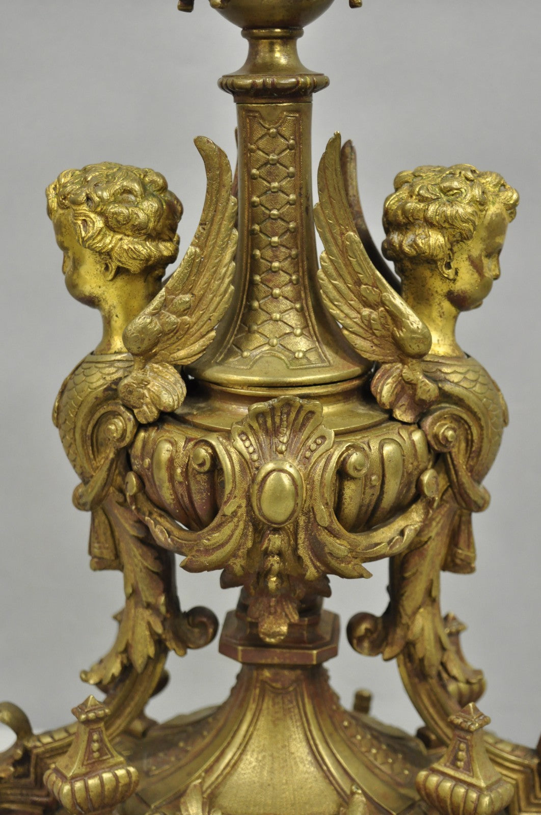 Antique French Louis XV Style Bronze Figural Winged Cherub Gold Table Lamp