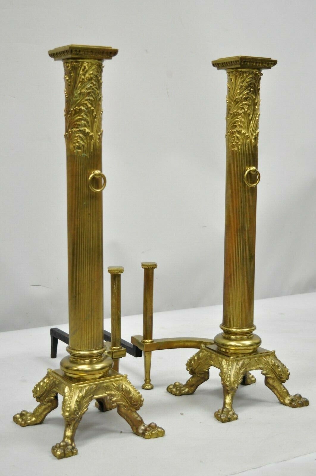 Large Pair 19th C. 32" Bronze French Empire Paw Foot Column Fireplace Andirons