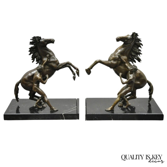 Vintage Bronze Marly Horse and Tamer Sculpture after Coustou on Marble Base Pair