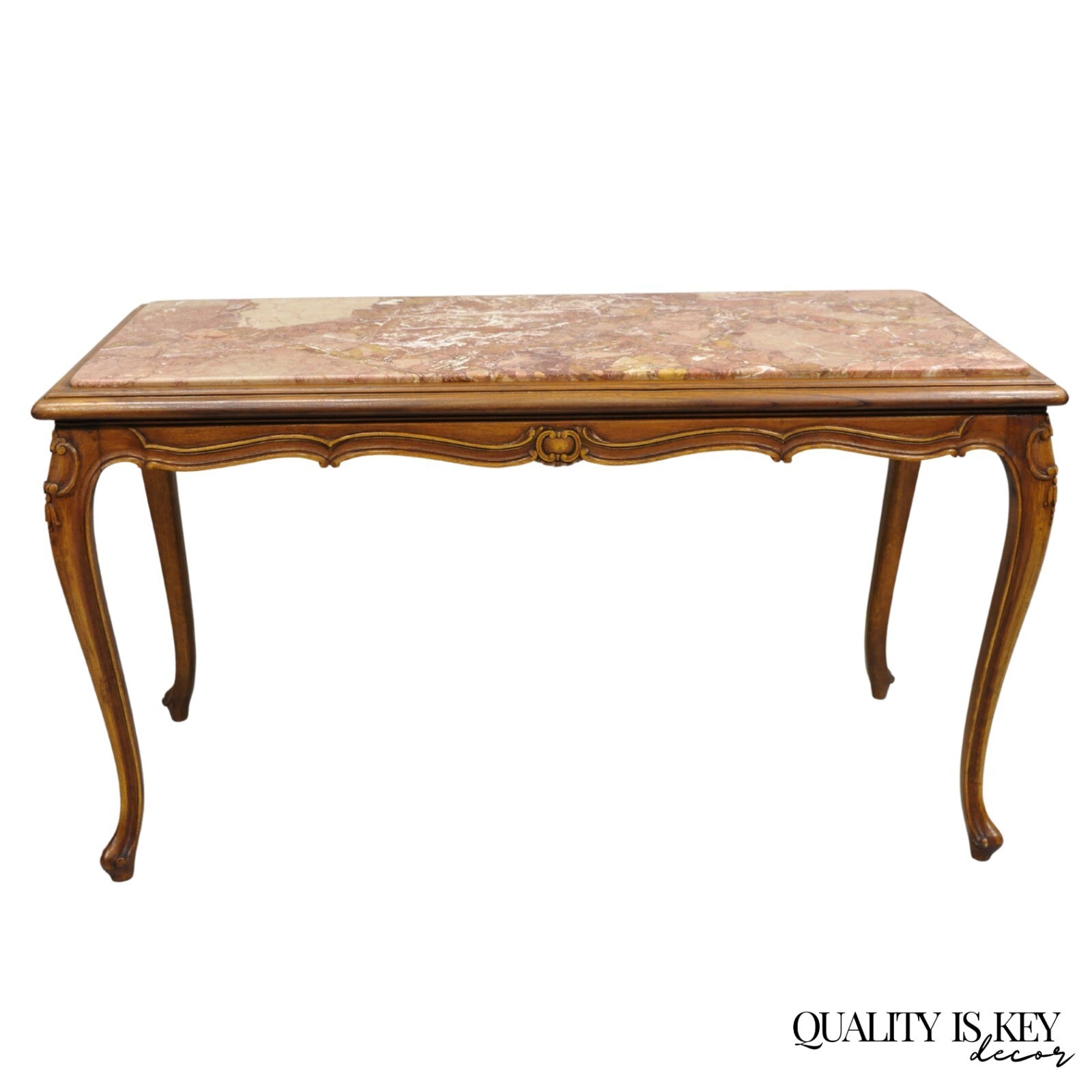 Antique French Louis XV Style Carved Walnut Rouge Marble Top Console Hall Table