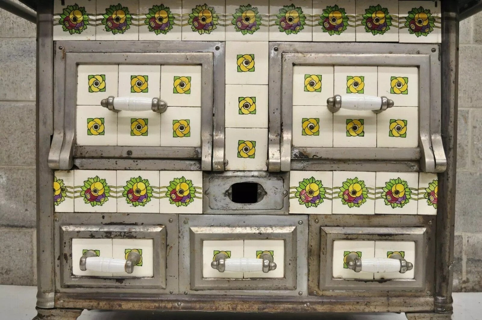 European French or Belgium Cast Iron Art Nouveau Tile Wood Coal Burning Stove