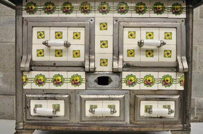 European French or Belgium Cast Iron Art Nouveau Tile Wood Coal Burning Stove