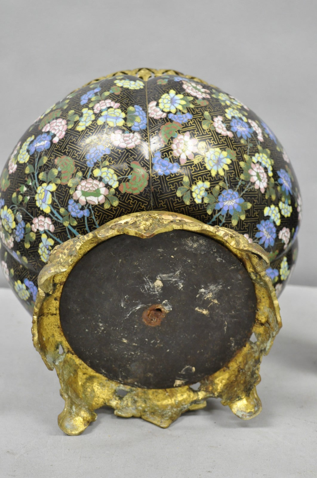 Antique Chinese Black Cloisonne Enamel Butterfly & Flower Bronze Cachepot Vase
