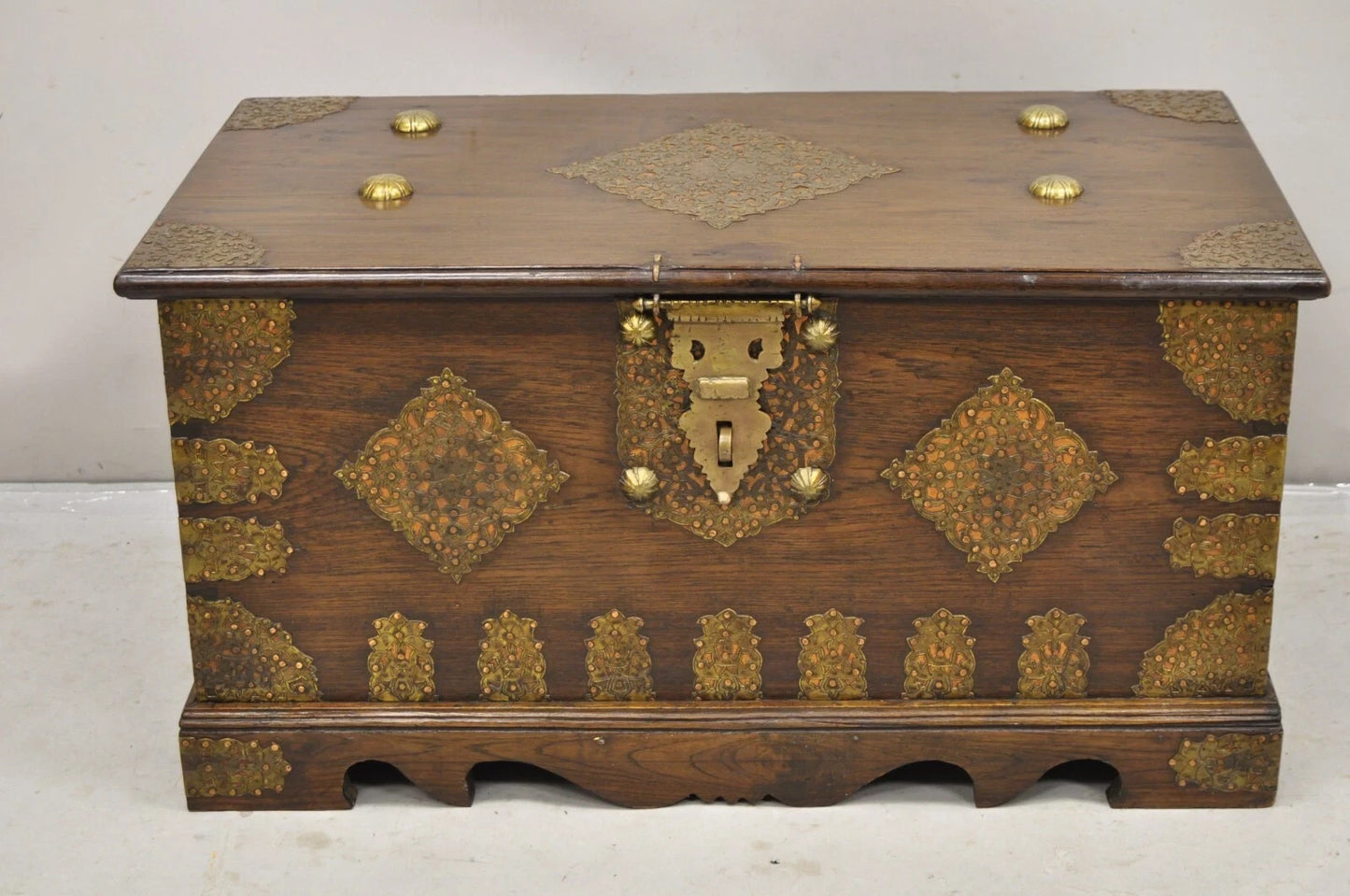 Antique Anglo Indian Oak Wood & Brass Mounted Syrian Coffer Blanket Chest Trunk
