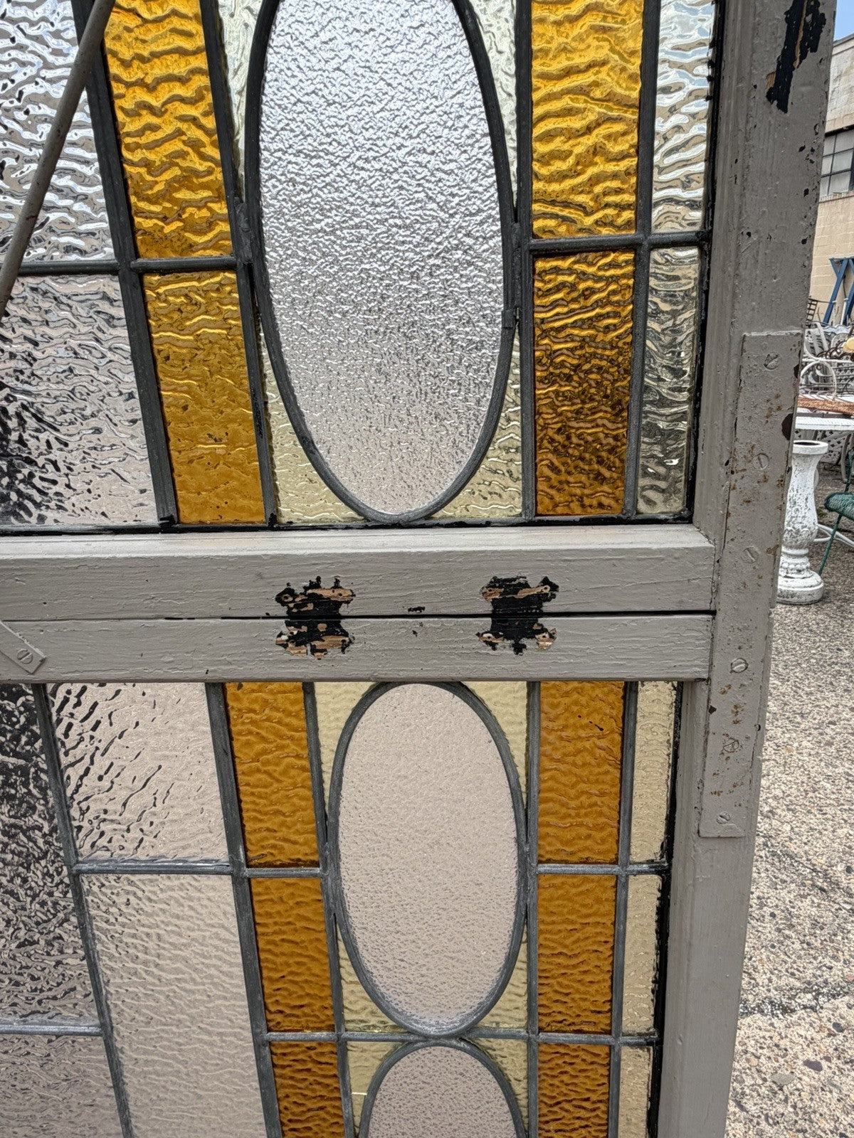 Antique Victorian Amber Stained Leaded Glass Double Window Converted to Door