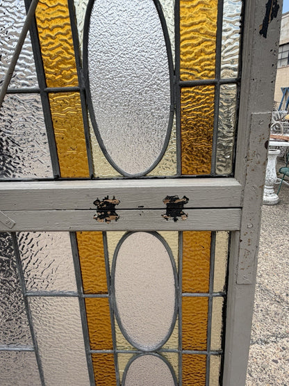 Antique Victorian Amber Stained Leaded Glass Double Window Converted to Door
