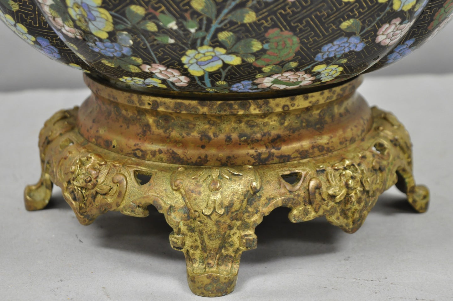 Antique Chinese Black Cloisonne Enamel Butterfly & Flower Bronze Cachepot Vase