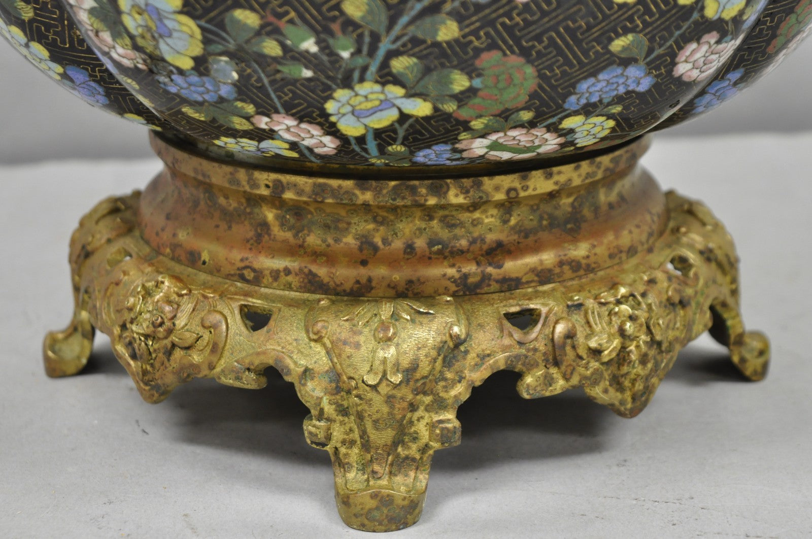 Antique Chinese Black Cloisonne Enamel Butterfly & Flower Bronze Cachepot Vase
