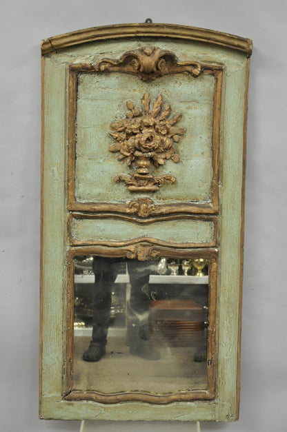 18th C French Louis XV Baroque Style Green Distress Painted Trumeau Wall Mirror