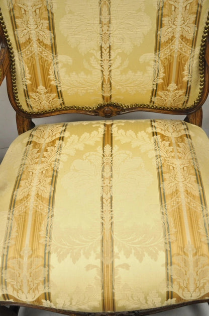 Vintage French Country Louis XV Style Carved Walnut Lounge Arm Chairs - a Pair