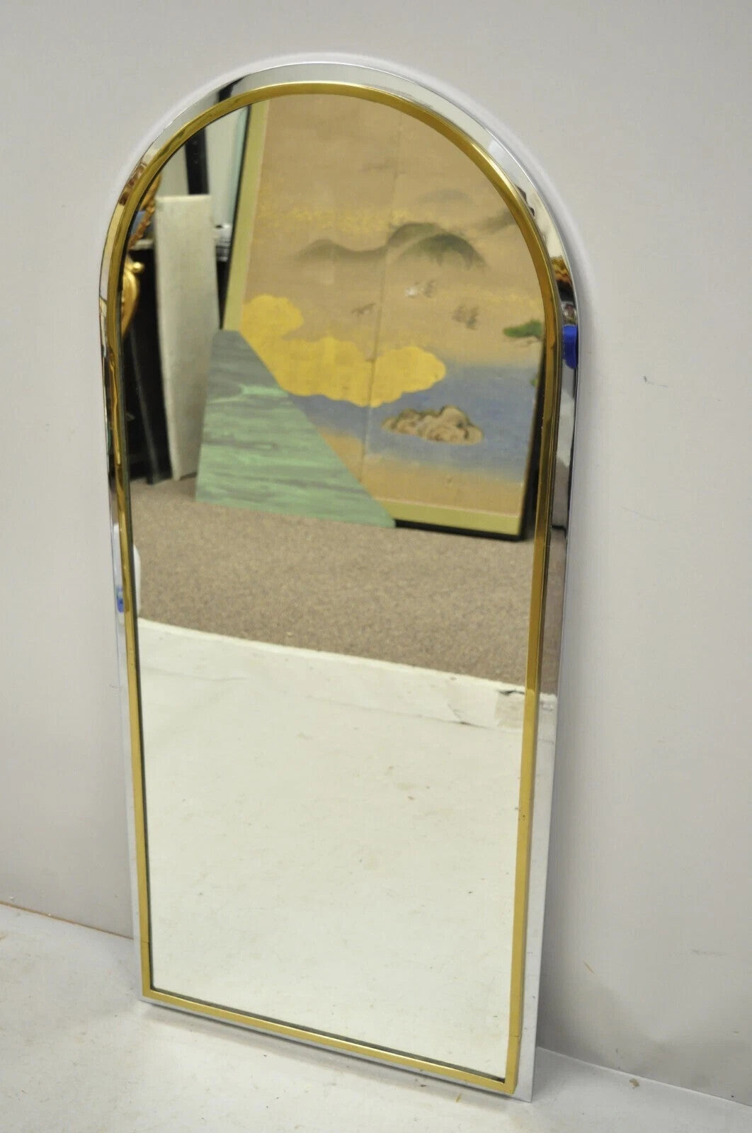 Italian Modernist Maison Jansen Style Steel Brass Chrome Arch 48" Wall Mirror