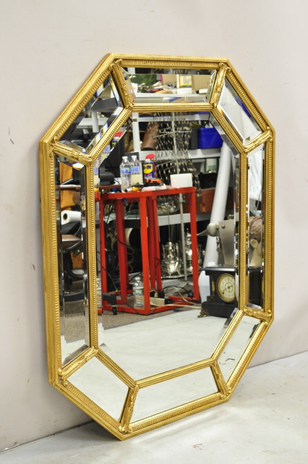 Vintage French Regency Style Octagonal Gold Tone Beveled Glass Wall Mirror