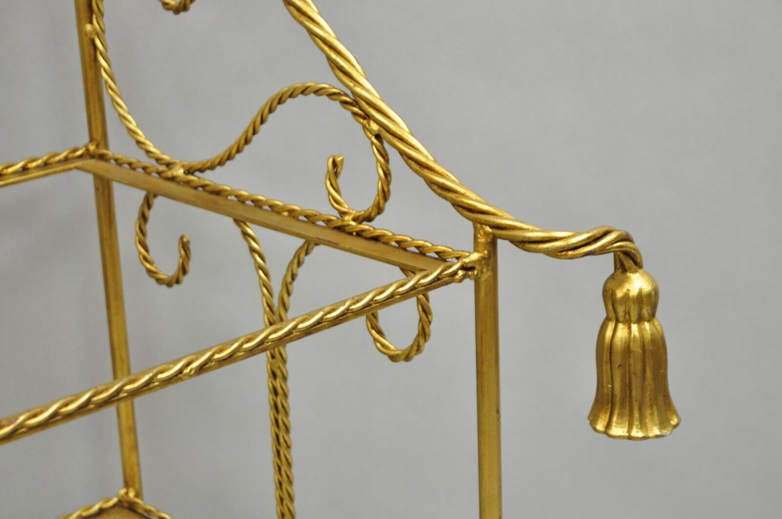 Italian Hollywood Regency Gold Gilt Iron Tassel 3 Tier Etagere Towel Rack Stand