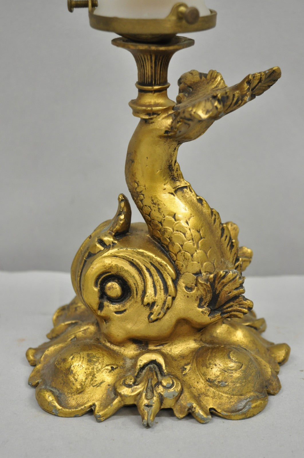 Antique French Art Nouveau Small Gold Gilt Metal Figural Dolphin Table Lamp