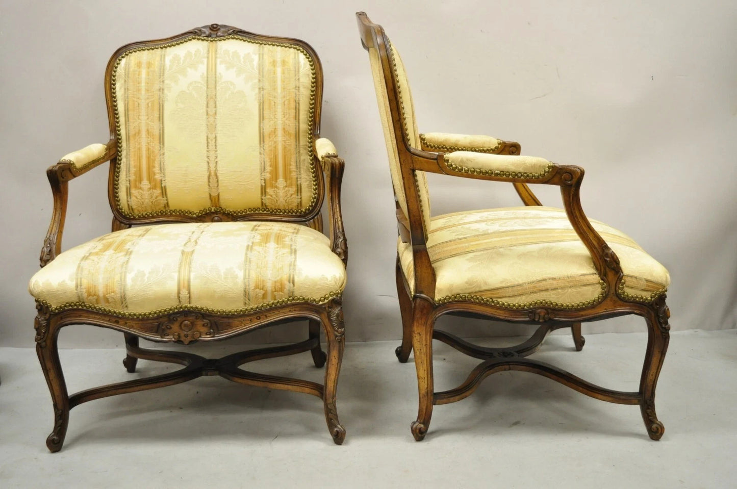 Vintage French Country Louis XV Style Carved Walnut Lounge Arm Chairs - a Pair