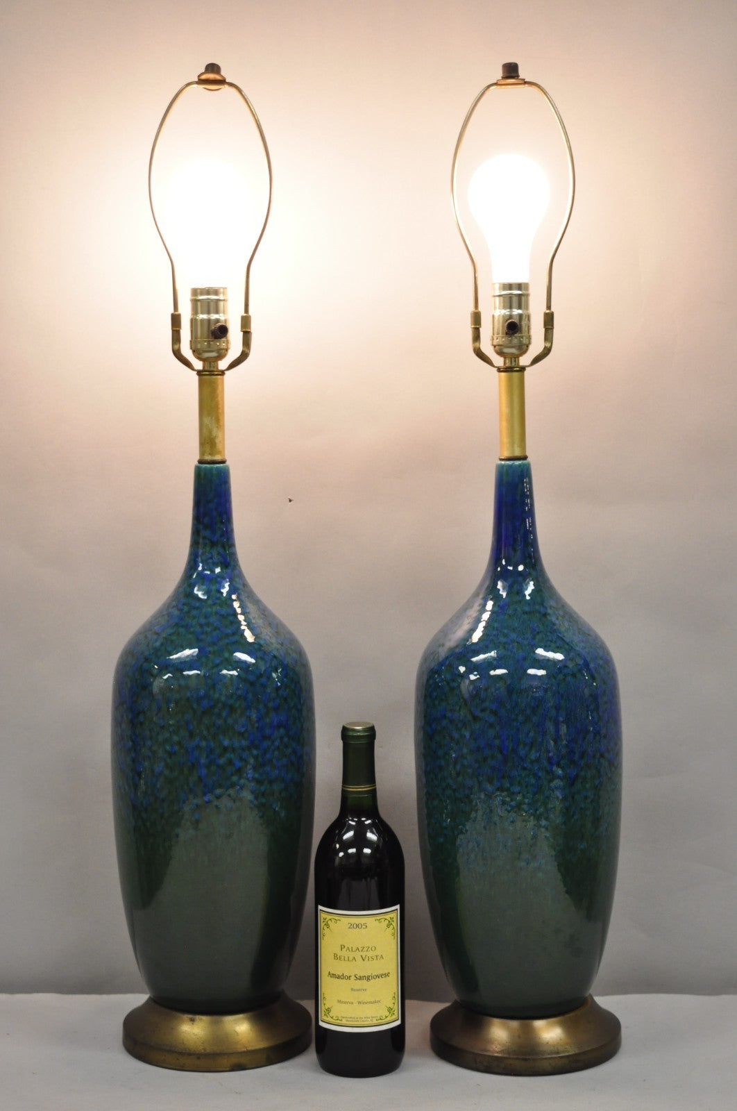 Mid Century Modern Blue & Green "Peacock" Glazed Ceramic Pottery Table Lamp Pair