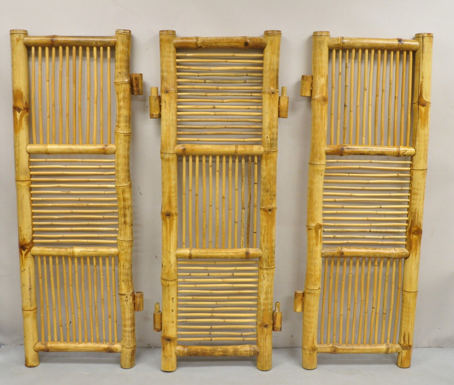 Vintage Boho Chic Bamboo Wood 3 Section Tiki Rattan Room Divider Screen