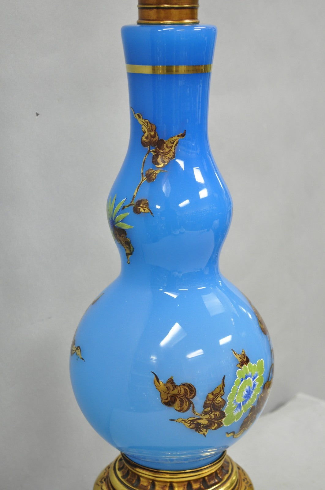 Vintage Chinoiserie James Mont Style Blue Glass Gold Gilt Tall Table Lamp