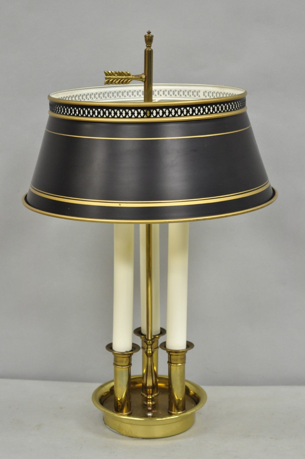 Vintage French Country Brass Tole Metal Shade Bouillotte Candlestick Table Lamp