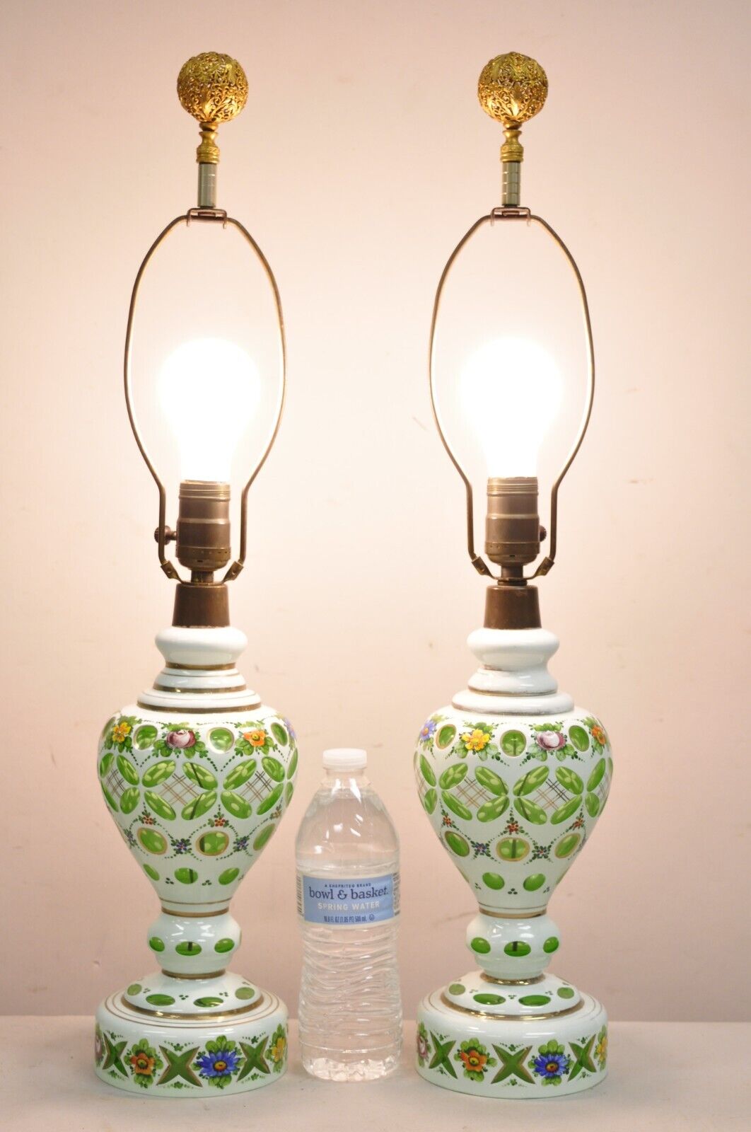 Antique Czech Bohemian Glass Emerald Green Flower Painted Table Lamps - a Pair