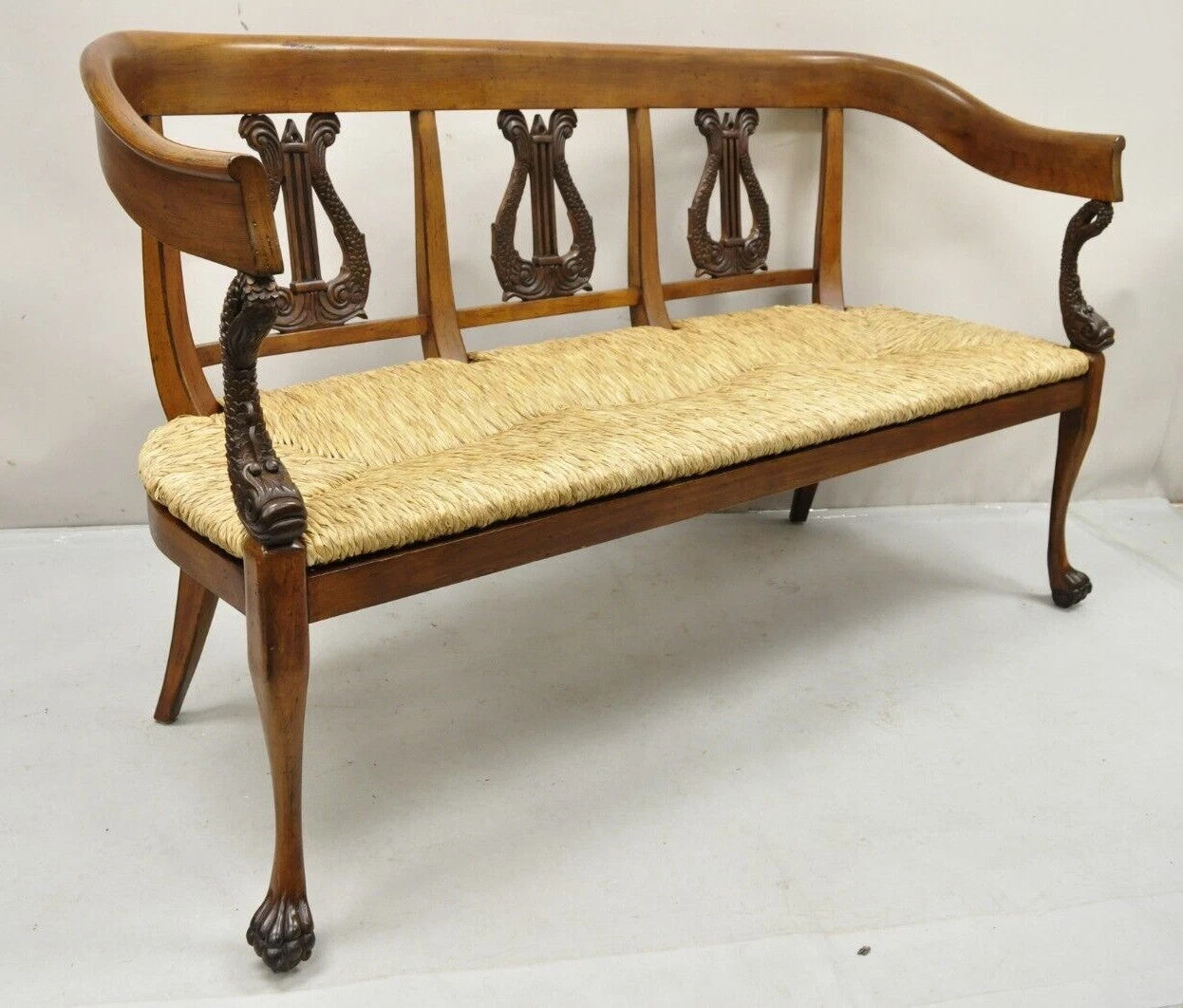 Vintage Italian Neoclassical Cherry Wood Dolphin Lyre Carved Rush Seat Bench