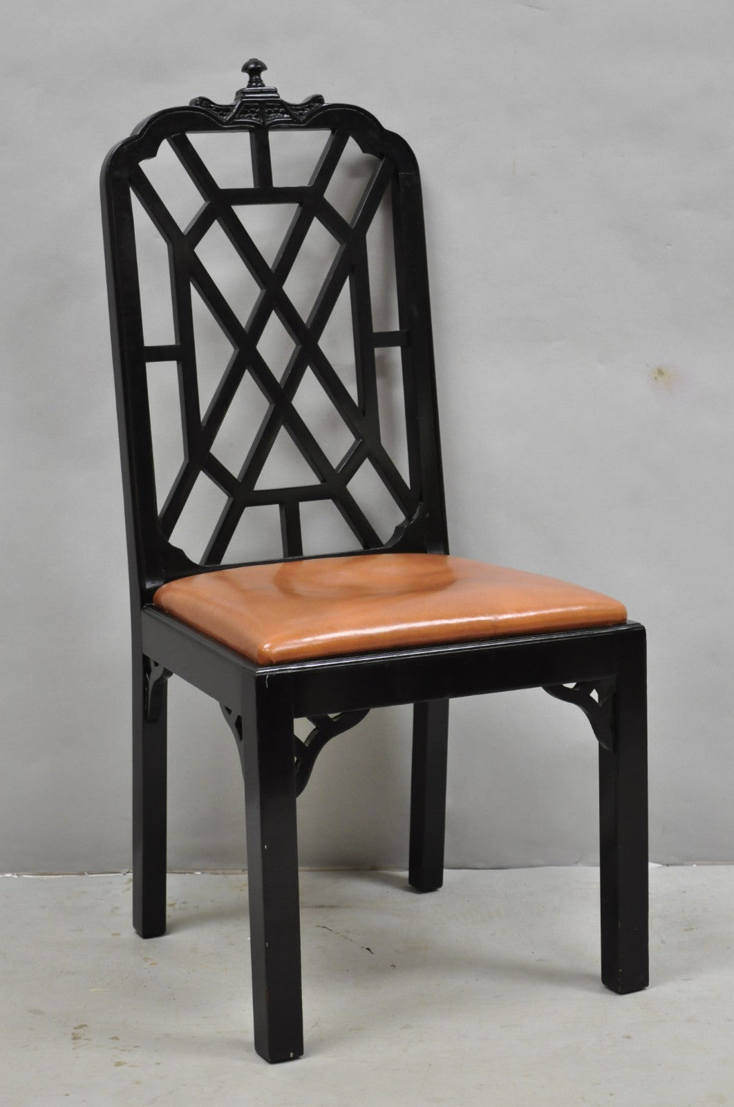 Vintage Chinese Chippendale Pagoda Fretwork Black Lacquer Dining Chair, Set of 4