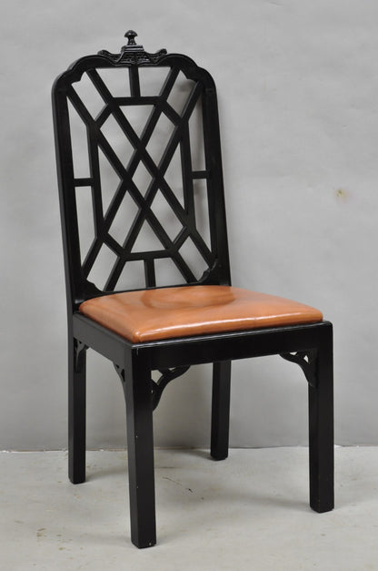 Vintage Chinese Chippendale Pagoda Fretwork Black Lacquer Dining Chair, Set of 4